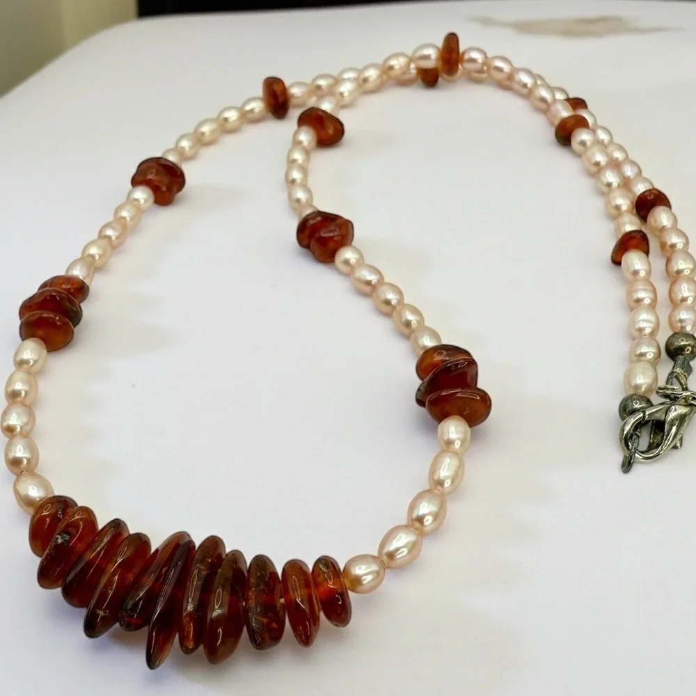 Genuine Amber & Freshwater Pearl Necklace – 18” - Picture 14 of 17